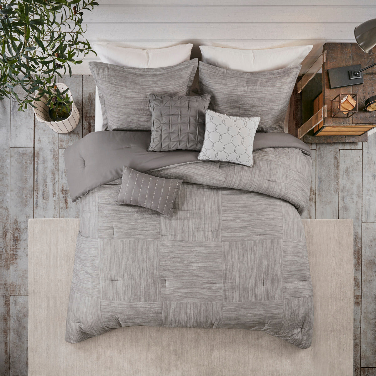 7 Piece Printed Seersucker Comforter Set Grey Queen Queen Grey Polyester