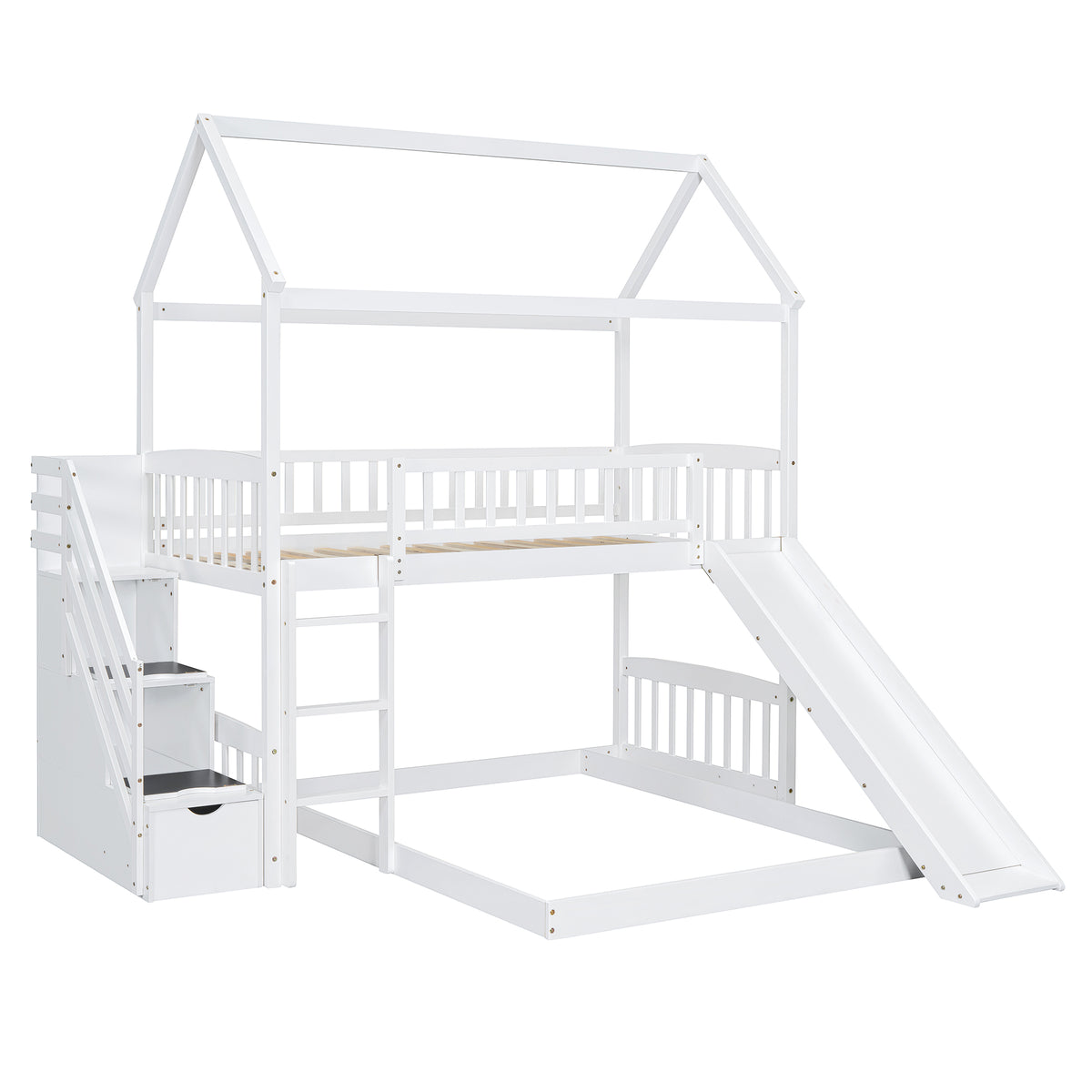 Twin Over Twin Bunk Bed With Two Drawers And Slide, House Bed With Slide, White Old Sku :Lt000129Aak White Pine