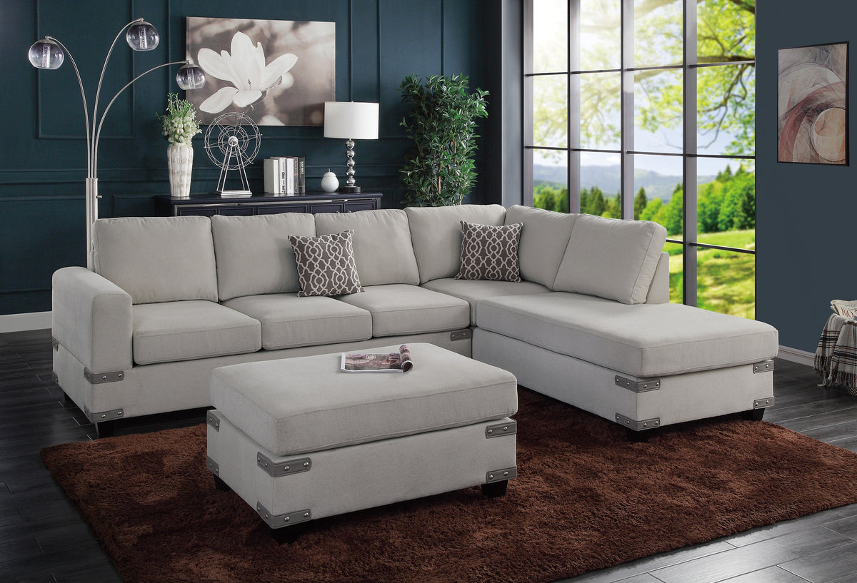 Living Room Furniture Mushroom Chenille Sectional W Ottoman Linen Like Fabric Sofa Reversible L R Chaise Ottoman 3Pc Sectional Sofa Mushroom Chenille Wood Primary Living Space Cushion Back