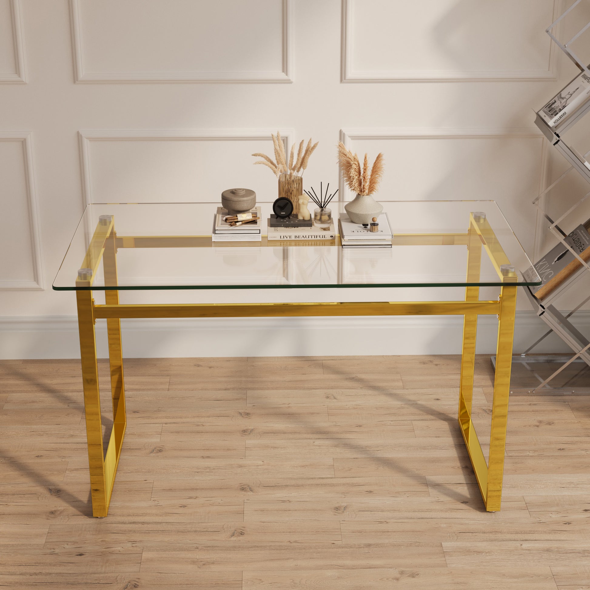 Modern Minimalist Rectangular Glass Dining Table For 4 6 With 0.31" Tempered Glass Tabletop And Golden Chrome Metal Legs, Writing Table Desk, For Kitchen Dining Living Room, 51" W X 27"D X 30" H Transparent Glass Glass