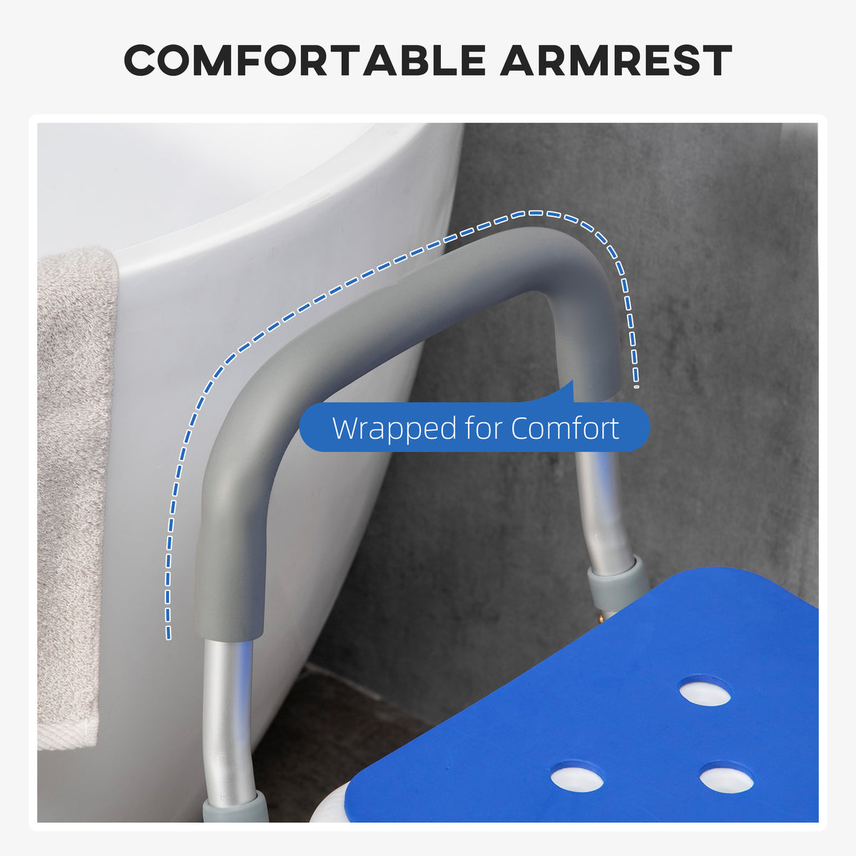 Homcom Eva Padded Shower Chair With Arms And Back, Bath Seat With Adjustable Height, Anti Slip Shower Bench For Seniors And Disabled, Tool Free Assembly, 299Lbs Blue Aluminum