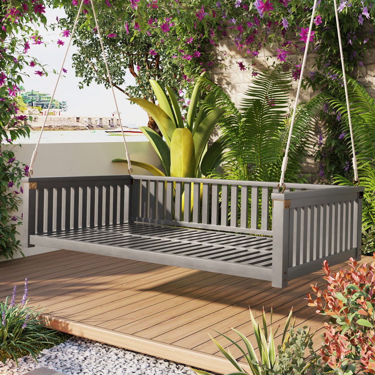 Patio Minimalist Twin Size Garden Swing Bed Wood Porch Swing With Ropes For Backyard, Safe Sloped Design, Gray Gray Weather Resistant Frame Garden & Outdoor Minimalist 2 Person Seating Group Acacia