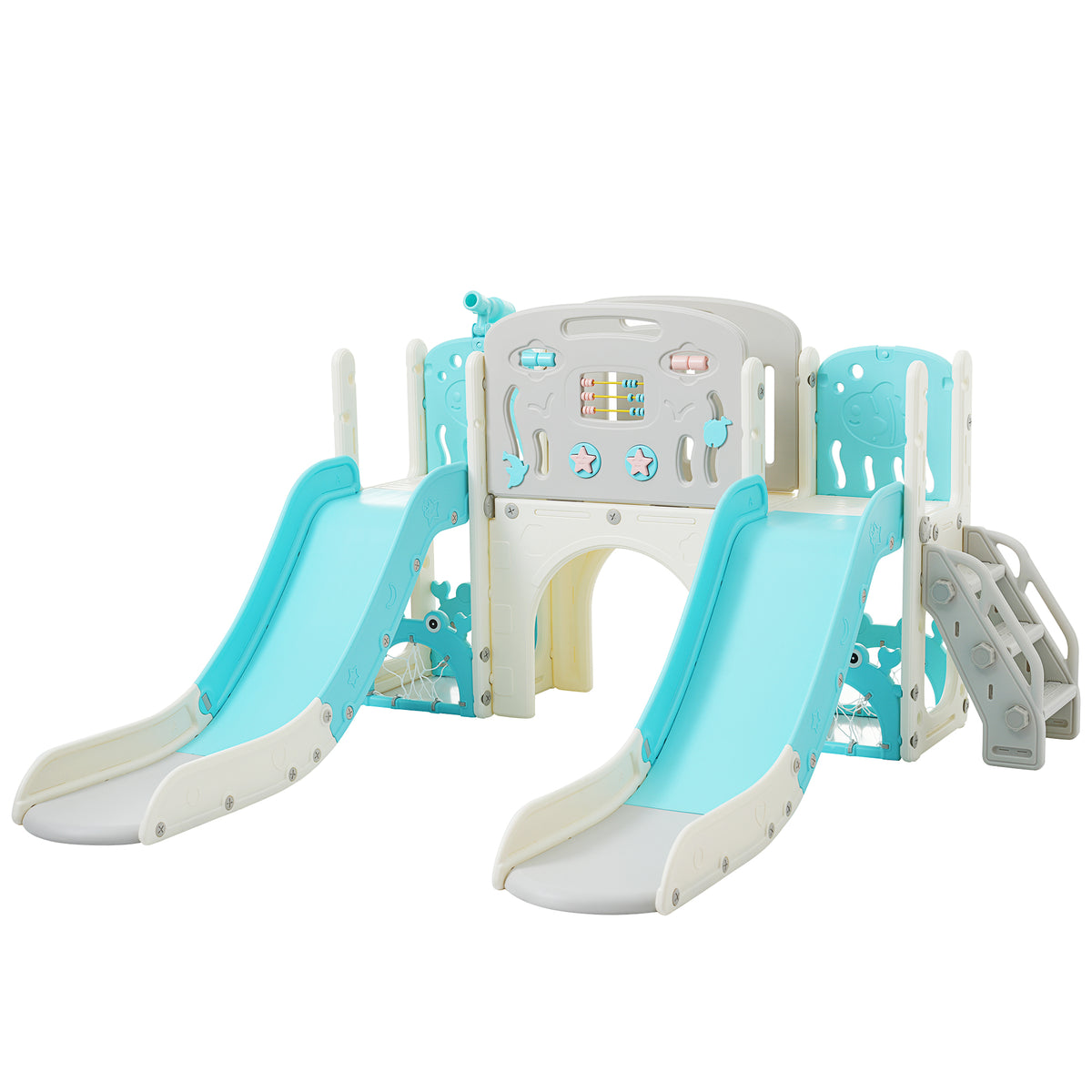 Kids Slide Playset Structure 8 In 1, Freestanding Ocean Themed Set With Slide, Arch Tunnel,Basketball Hoop And Telescope, Double Slides For Toddlers, Kids Climbers Playground Blue 50 99 Lbs Cute 1 To 2 Years Hdpe Indoor & Outdoor Use