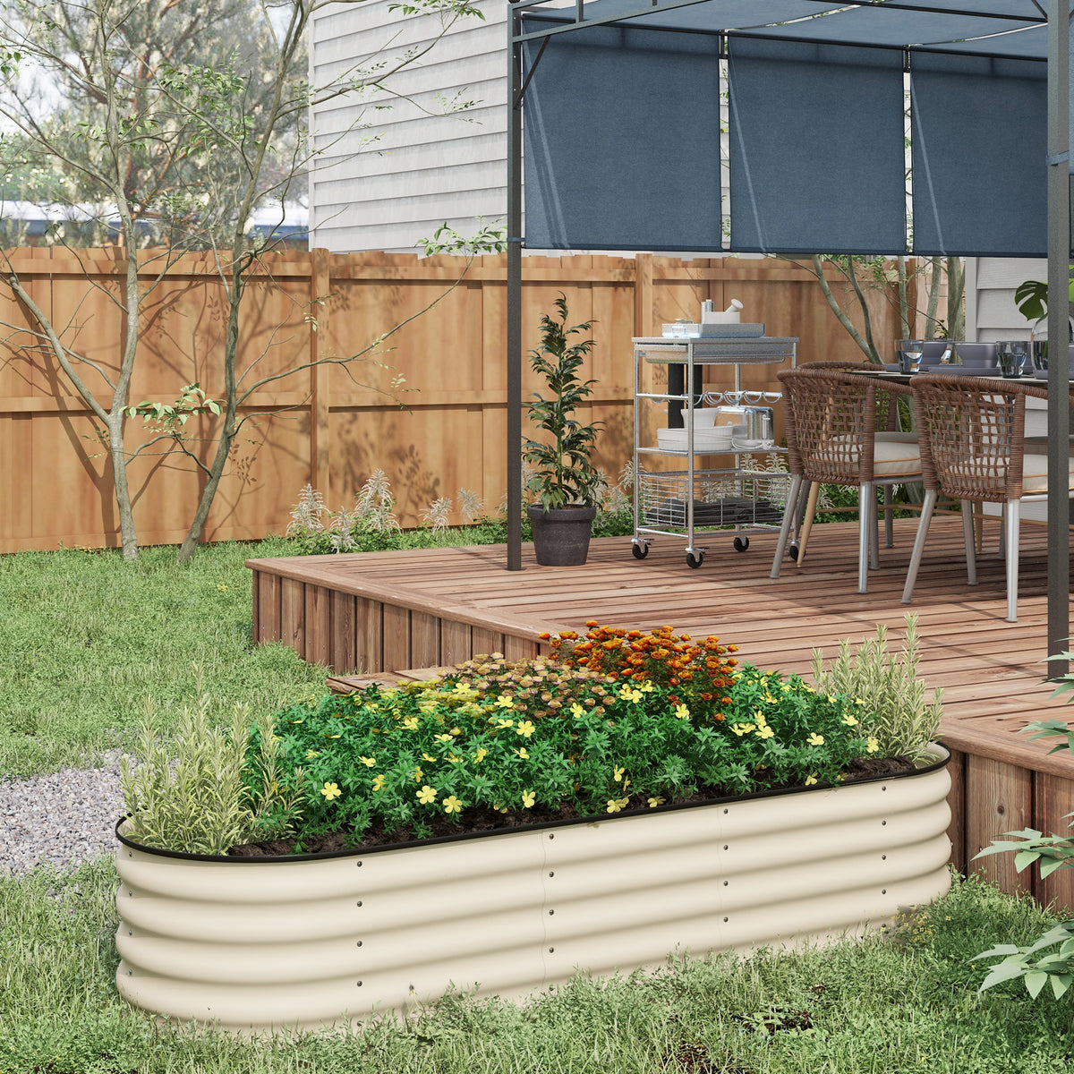 Outsunny 6.5' X 2' X 1.4' Galvanized Raised Garden Bed Kit, Outdoor Metal Elevated Planter Box With Safety Edging, Easy Diy Stock Tank For Growing Flowers, Herbs & Vegetables, Cream Cream White Steel
