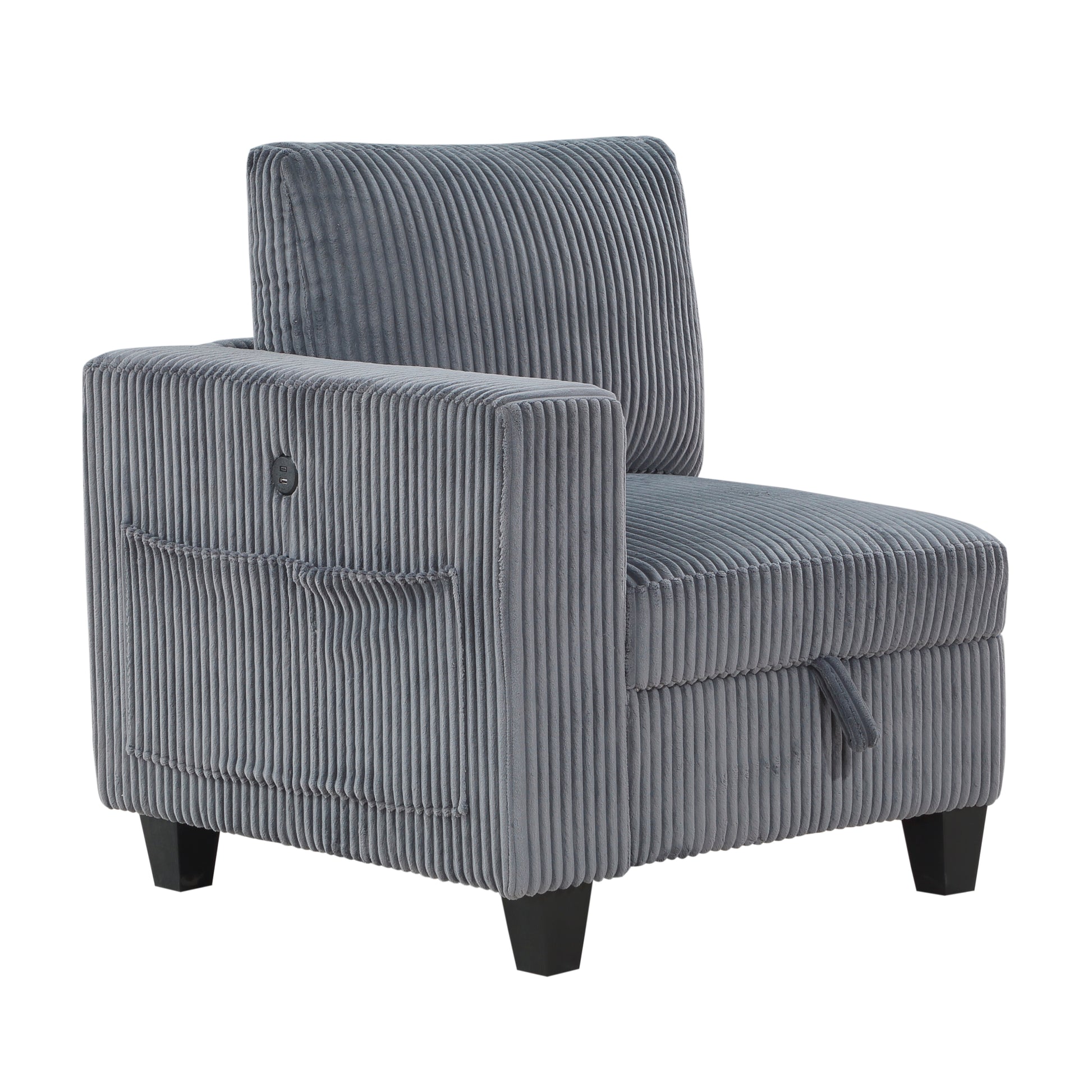 Modern Living Room Furniture 1Pc Dark Gray Chair With One Arm, Storage Pouch And Charging Ports Corduroy Fabric Upholstery Dark Gray Primary Living Space Contemporary,Modern Solid Wood