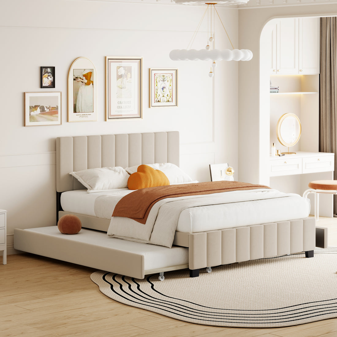 Queen Size Velvet Upholstered Platform Bed With 2 Drawers And 1 Twin Xl Trundle Beige Queen Beige Upholstered