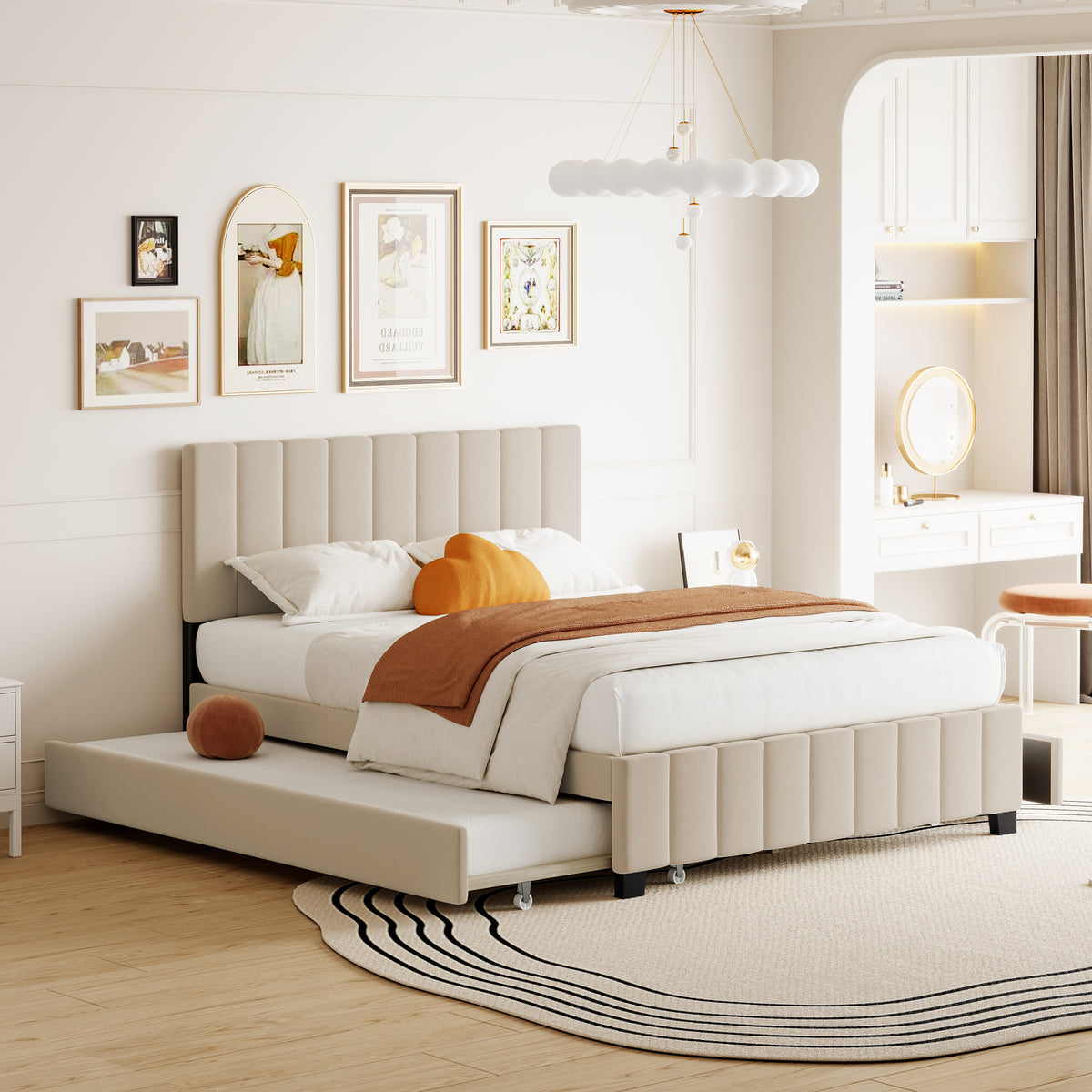 Queen Size Velvet Upholstered Platform Bed With 2 Drawers And 1 Twin Xl Trundle Beige Queen Beige Upholstered