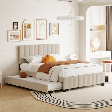 Queen Size Velvet Upholstered Platform Bed With 2 Drawers And 1 Twin Xl Trundle Beige Queen Beige Upholstered