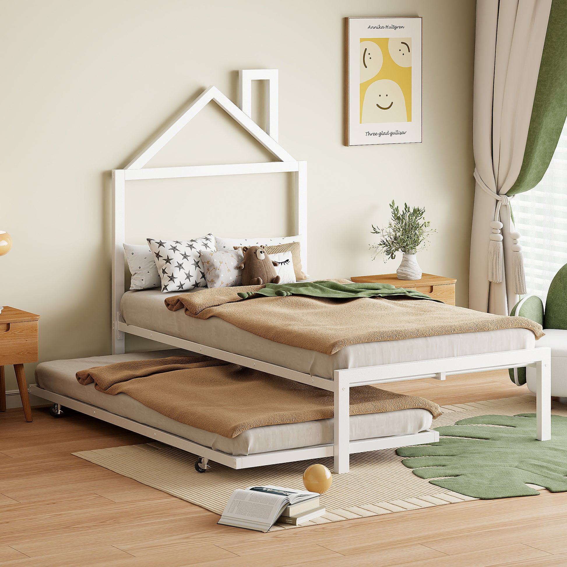 Twin Size Metal Platform Bed With Twin Size Trundle,House Shaped Headboard Design, White Twin White Metal