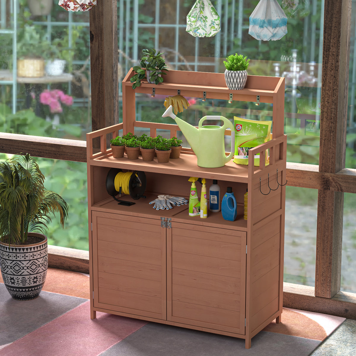 Potting Bench Outdoor Gardening Table For Outside Wood Garden Planting Workstation Work Benches With Large Storage Cabinet & Top Shelf For Patio Brown Weather Resistant Frame Garden & Outdoor Classic Wood