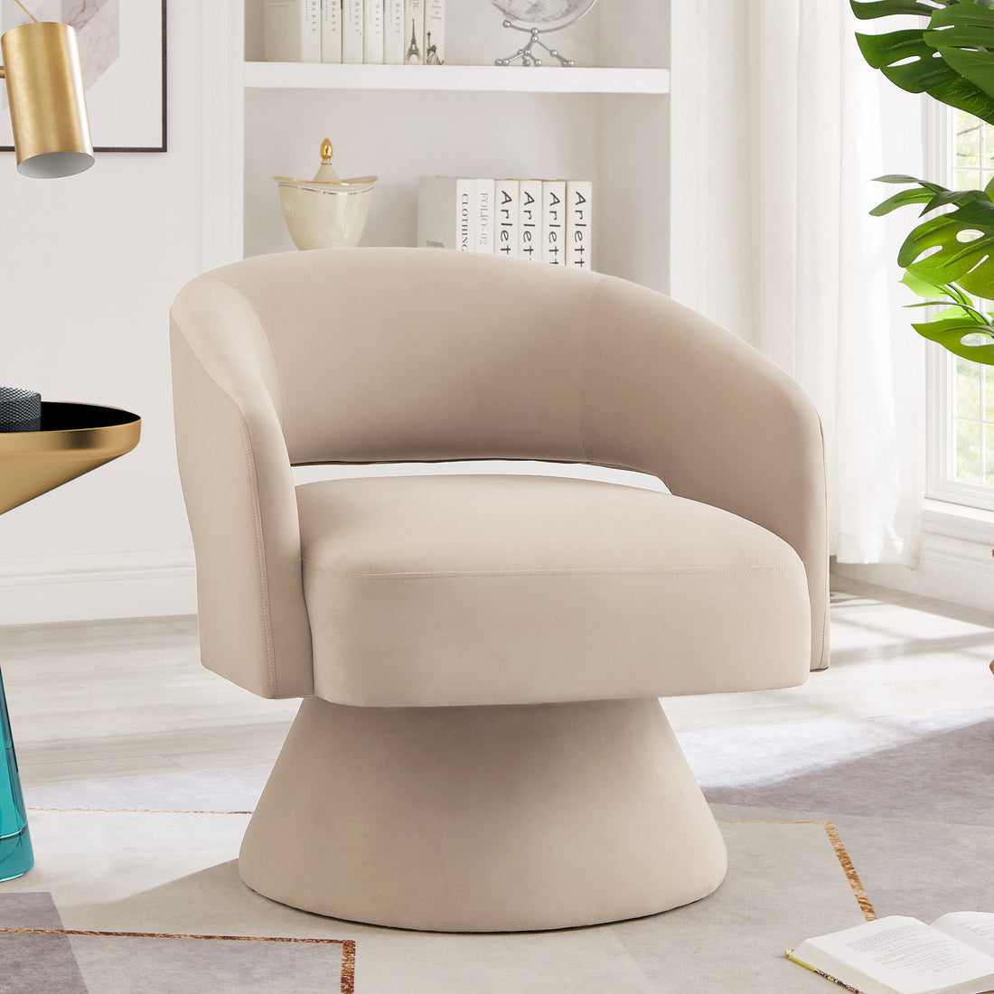 Modern Swivel Barrel Chair, Upholstered Velvet Round Accent Chairs,360 Degree Comfy Swivel Chair With Open Backrest, Single Chair Armchair For Living Room Bedroom, Homerest,Taupe Beige Taupe Primary Living Space American Design,Contemporary,Luxury,Mid