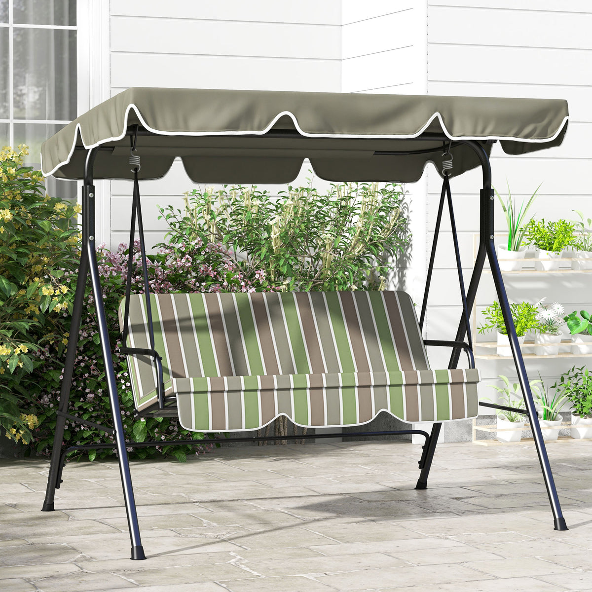 Outsunny 3 Seat Outdoor Patio Swing Chair With Removable Cushion, Steel Frame Stand And Adjustable Tilt Canopy For Patio, Garden, Poolside, Balcony, Backyard, Beige & Green Multicolor Steel