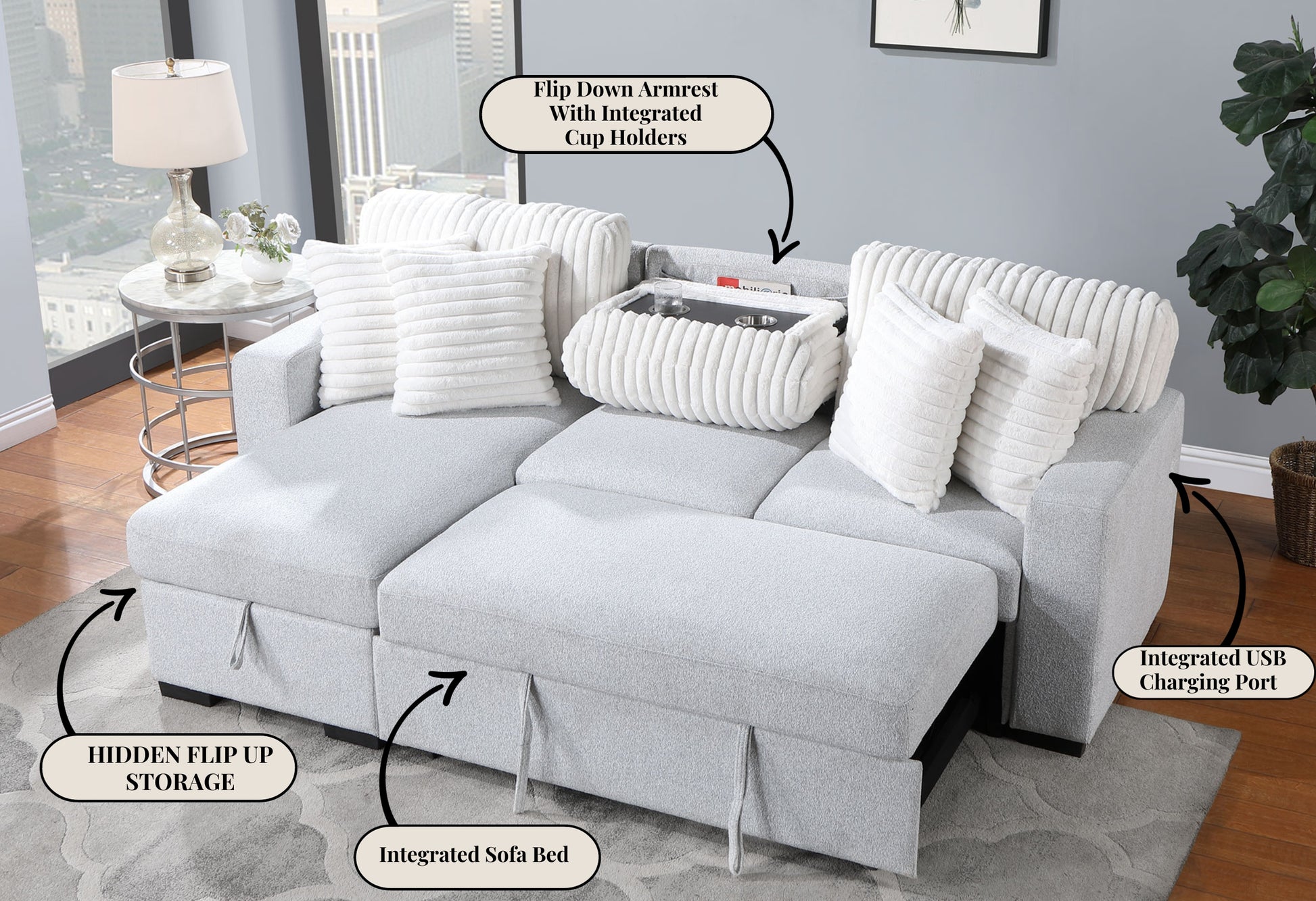 Ford Light Grey White Reversible Pull Out Sofa Bed Light Gray Fabric 3 Seat