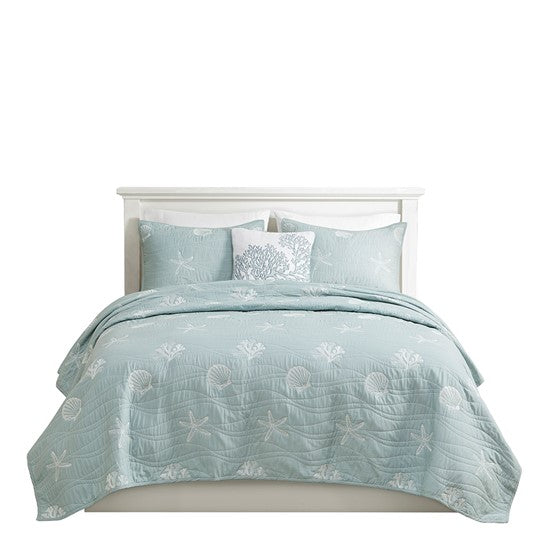 4 Piece Cotton Reversible Embroidered Quilt Set With Throw Pillow Aqua Full Queen Full Aqua Cotton