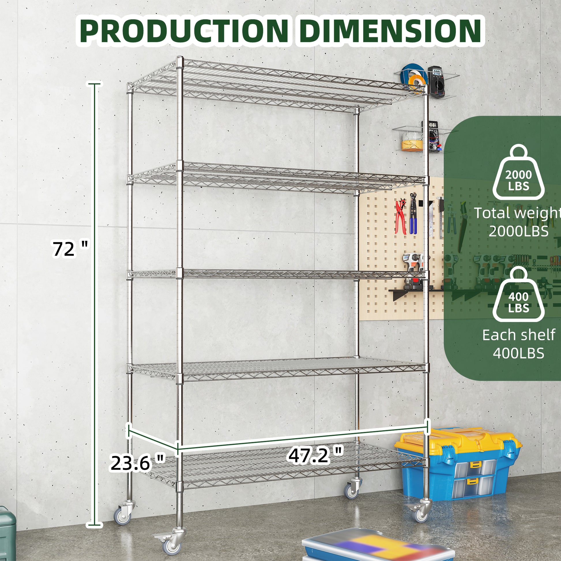 72" H Metal Large Storage Shelves With Wheels, Metal Shelving With Chrome, Adjustable 5 Tier Sturdy Metal Shelves For Storage Shelving,Kitchen,Garage 5 Silver Primary Living Space Metal Modern