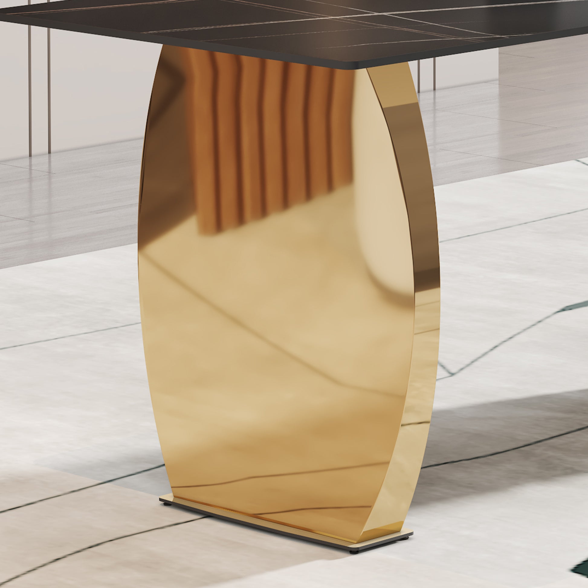 Table And Chair Set,Modern Rectangular Table With 0.4 Inch Black Patterned Tabletop And Gold Legs, Suitable For Kitchen, Dining Room, And Living Roomcomfortable Pu Seats,Perfect For Dinner, Meet Black Seats 6 Sintered Stone