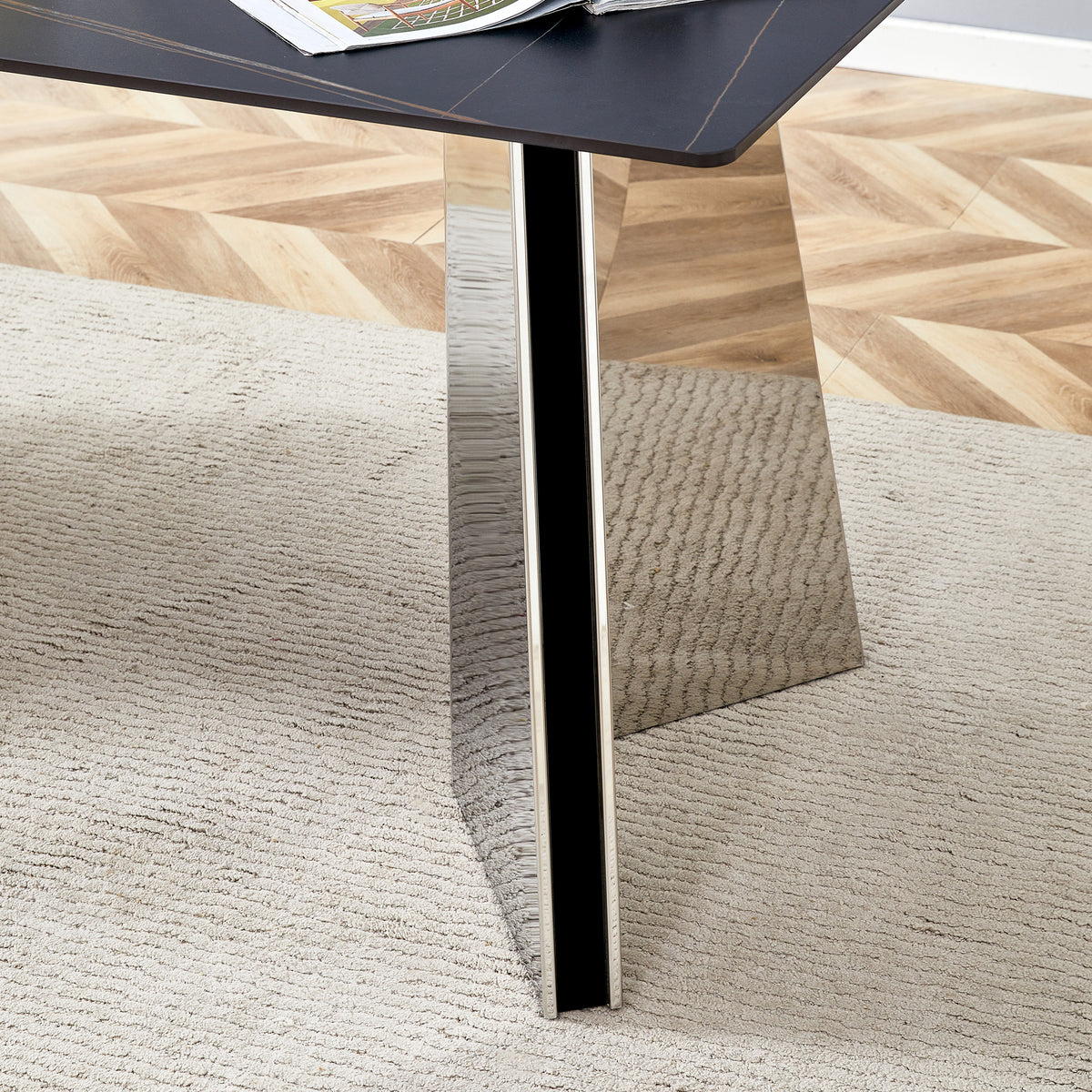 Table And Chair Set.63"X31.5X30" Black Marble Patterned Slabs Tabletop With Stainless Steel Butterfly Legs.Paried With 6 White High Quality Pu Chairs With Silver Metal Legs. White Black Seats 6