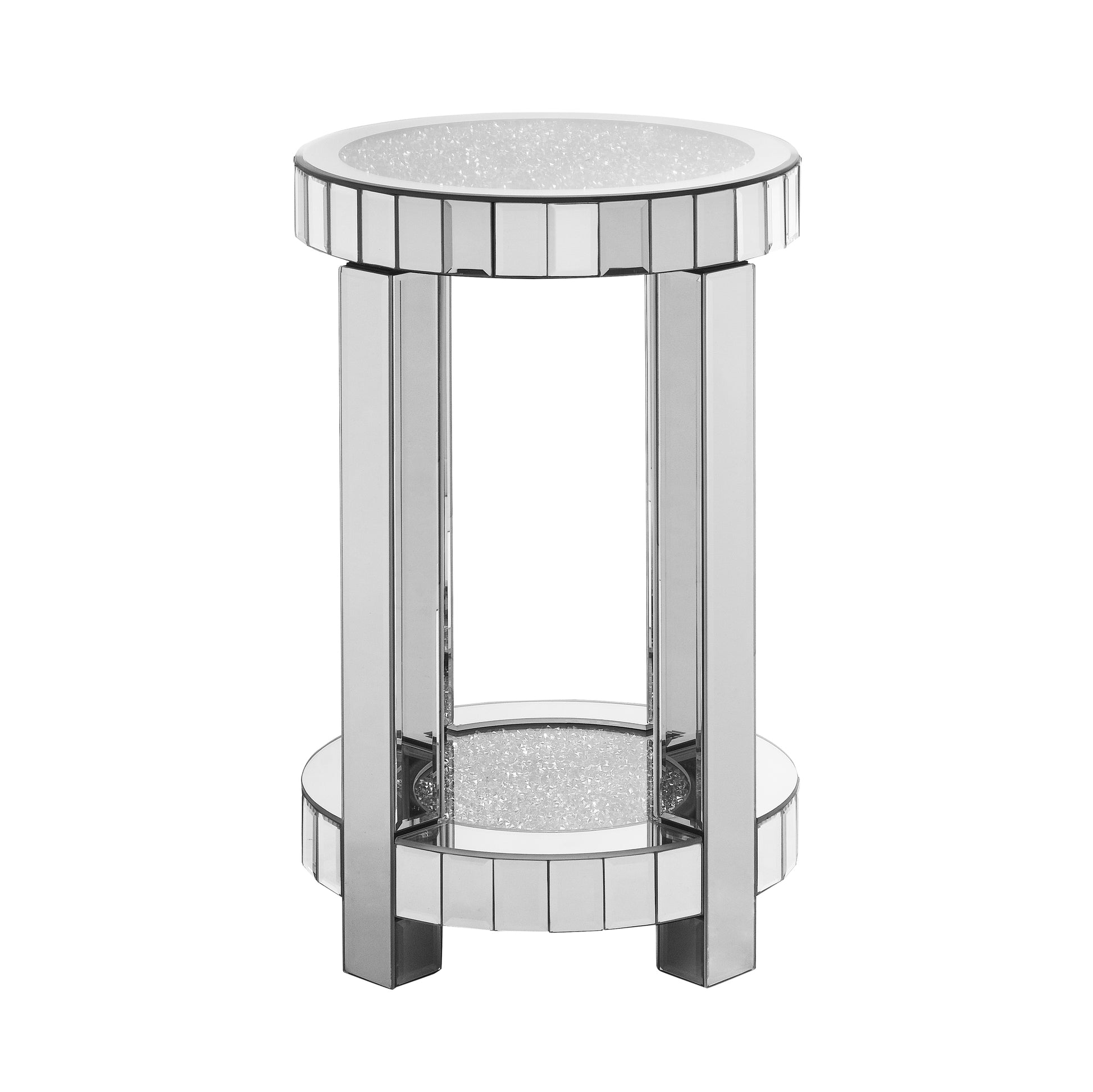 Mirror Round Table With Crystal Inlay, 2 Layer Modern Small Sofa Table With Storage Space, Silver Decorative Table Suitable For Living Room, Bedroom, Coffee And Small Spaces Mirrored Finish Primary