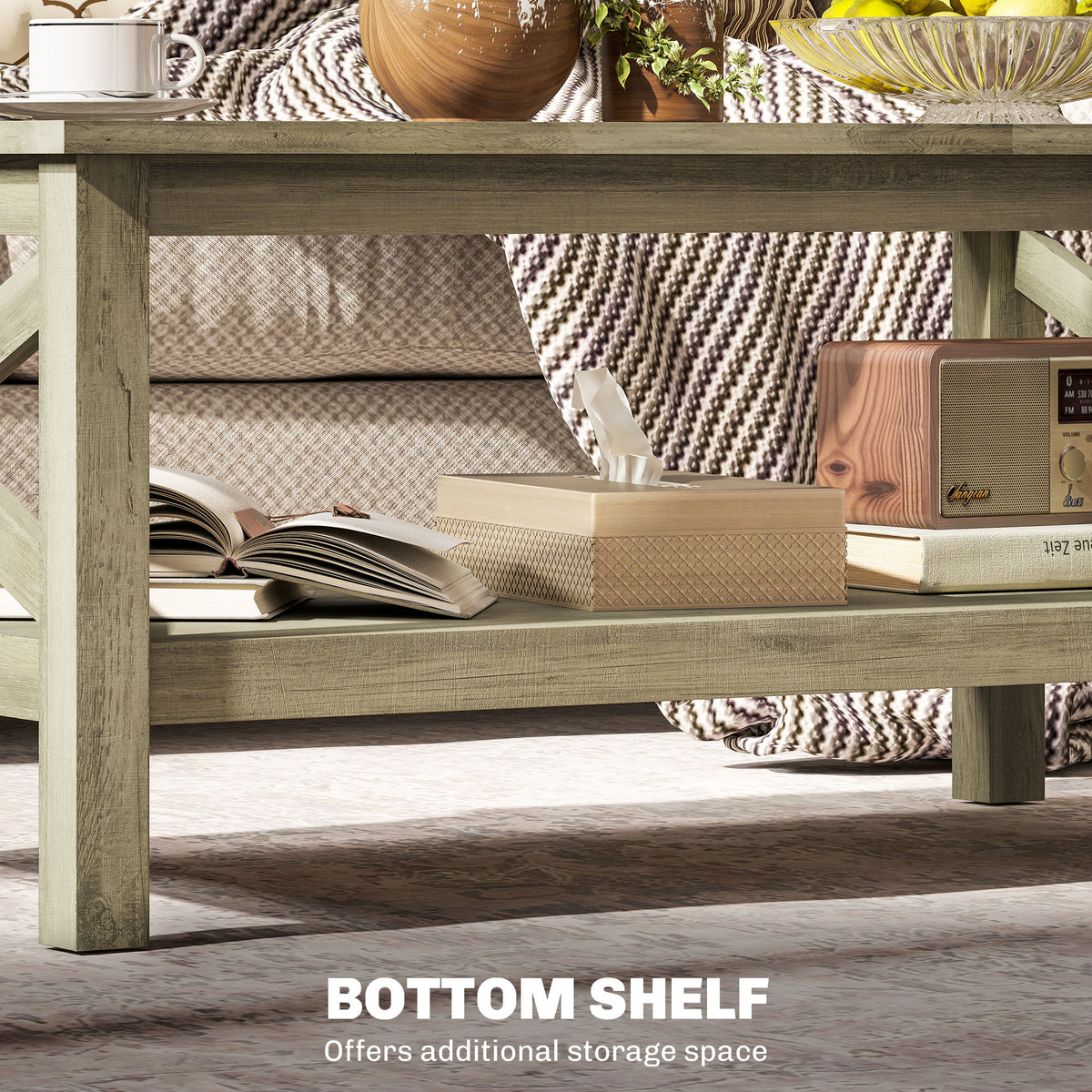 Homcom Glass Coffee Table, Modern Farmhouse Center Table With Storage, Side Table For Living Room With Classic X Bar Style Sides, Gray Gray Mdf