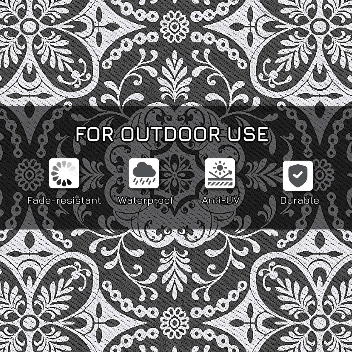 Outsunny Reversible Outdoor Rug, 9' X 18' Waterproof Plastic Straw Floor Mat, Portable Rv Camping Carpet With Carry Bag, Large Floor Mat For Backyard, Deck, Picnic, Beach, Gray & White Floral Multicolor Polypropylene