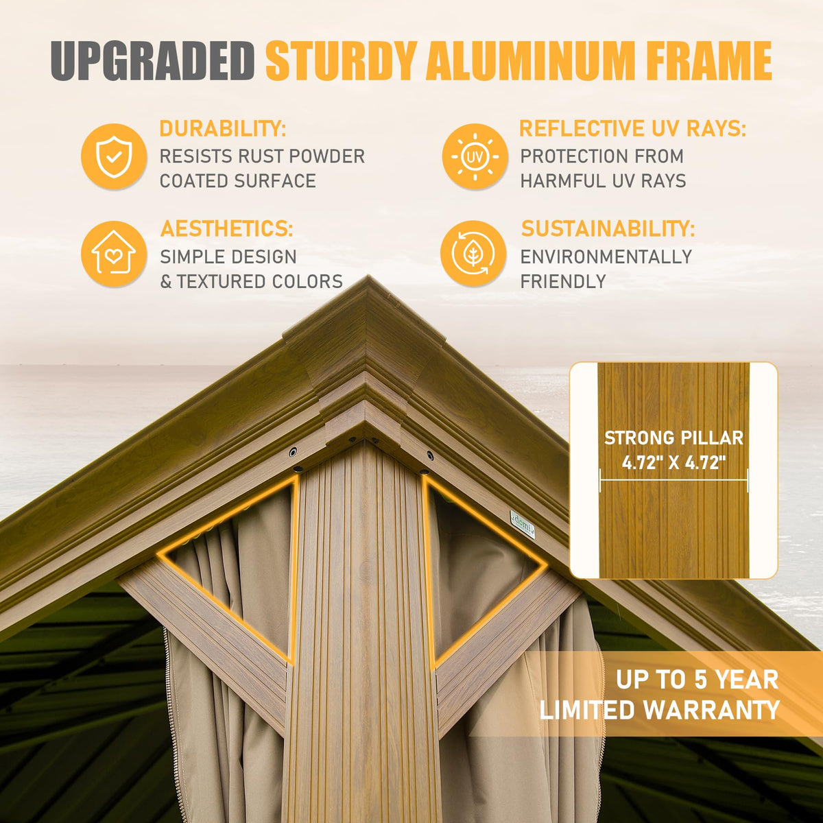 Outdoor Living 14X20Ft Hardtop Gazebo, Permanent Metal Gazebo With Galvanized Steel Double Roof And Aluminum Frame, Curtain And Netting, Large Pavilion Gazebo, Wood Looking Yellow Brown Aluminium