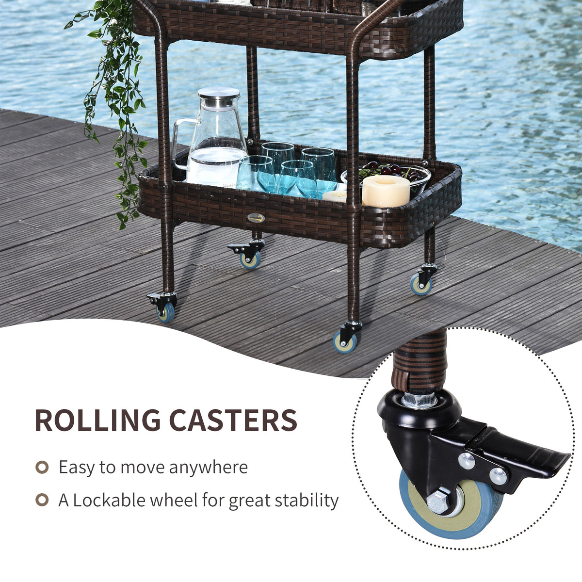 Outsunny Rattan Wicker Serving Cart With 2 Tier Open Shelf, Outdoor Wheeled Bar Cart With Brakes For Poolside, Garden, Patio Brown Steel