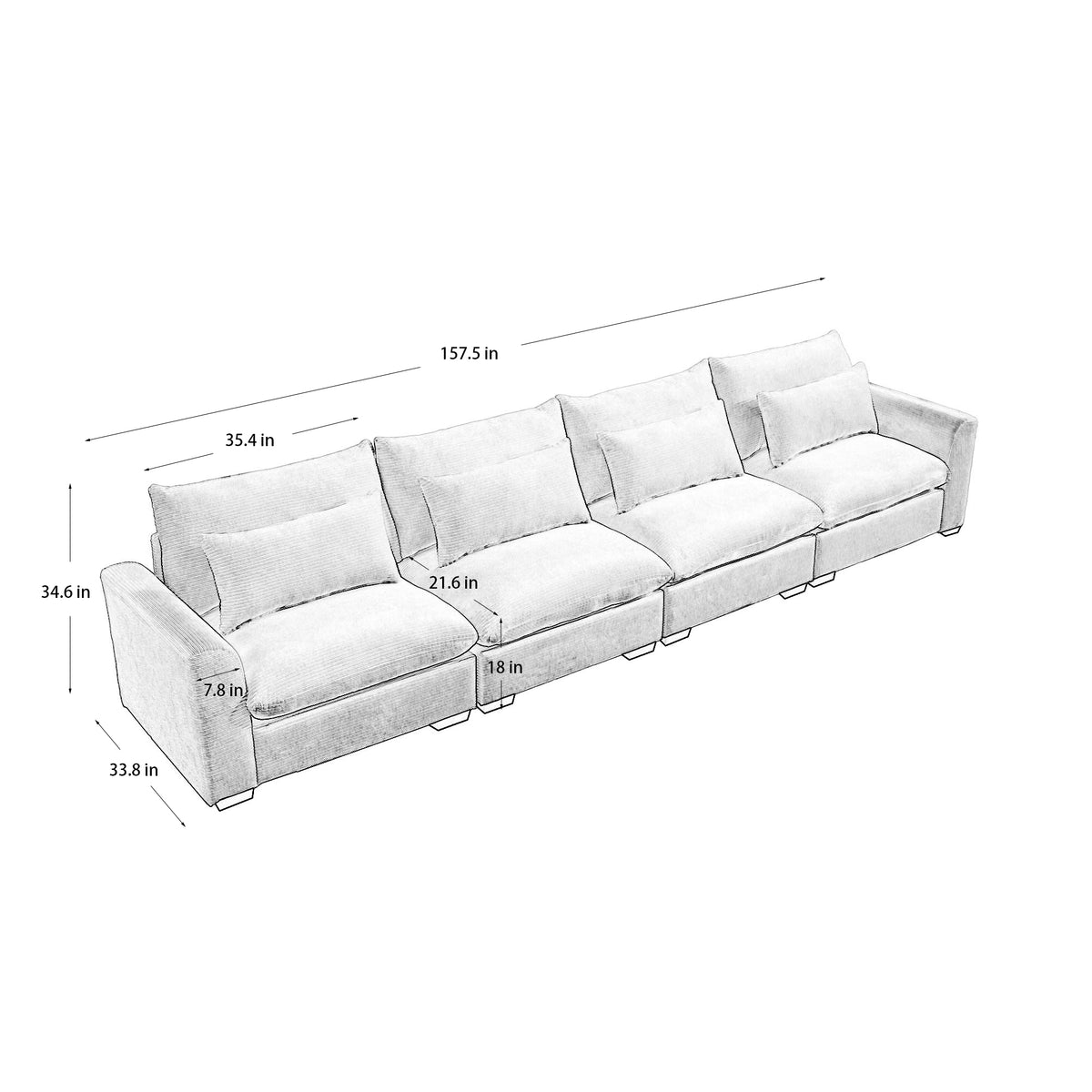4 Seater Deep Seat Couches For Living Room, Comfy Brown Corduroy Sofas For Living Room Modern With 4 Waist Pillows Brown Corduroy 4 Seat