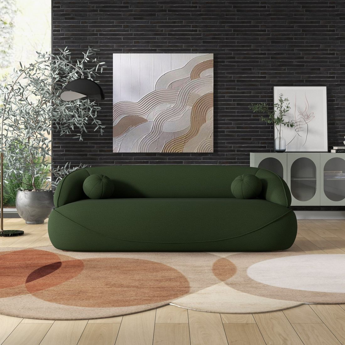 Andrew Dark Green Boucle Sofa Dark Green Wood Primary Living Space Medium Firm Mid Century Modern Foam Boucle,Solid Wood 3 Seat