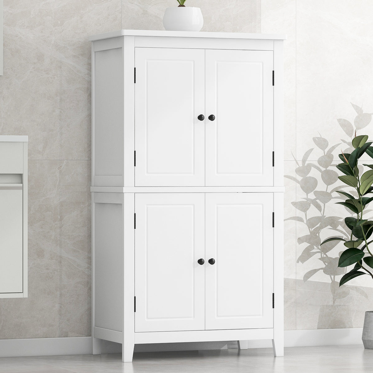 Elegant Bathroom Floor Storage Cabinet, Bathroom Storage Unit, Freestanding Cabinet With 4 Doors, Adjustable Shelves, Adaptable Shelves, White White Mdf