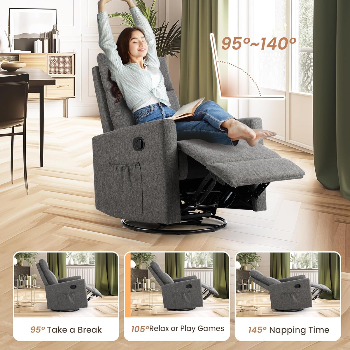 Rocking Recliner Chair With Large Footrest, Stain Resistant Faux Leather Recliner Rocker, Single Sofa Recliner For Living Room, Office, High Back, Upholstered Deep Seat, Grey Grey Metal