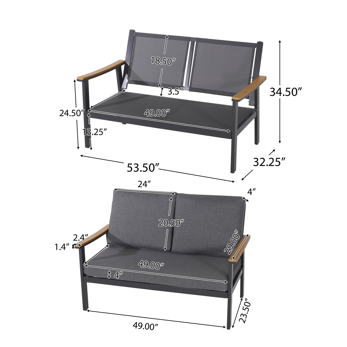 Sinclair 4Pc Chat Set Grey Metal Mesh Wood Fabric