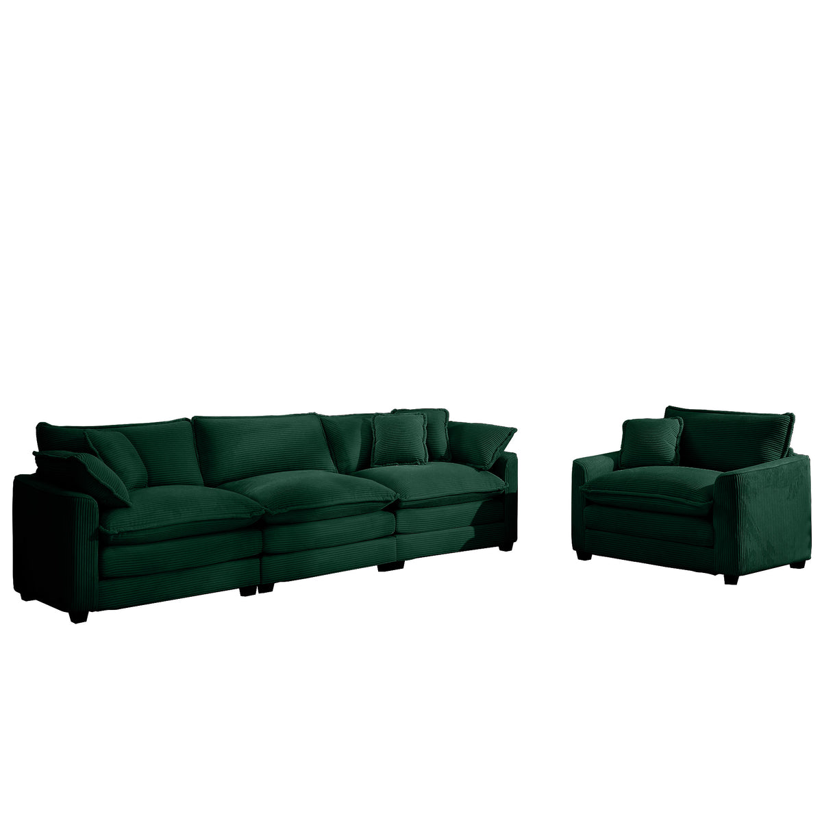 Mid Century Modern Sectional Set Of Two, One 3 Seater Sectional And One Single Seater Sectional With 2 Arm Pillows And 4 Throw Pillows, Living Room Sectional Green Corduroy Fabric Green Corduroy 3 Seat