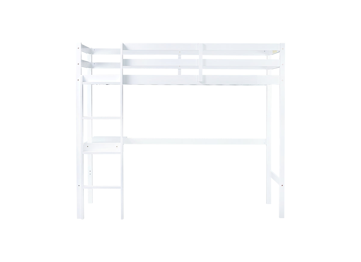 Twin High Loft Bed, Rubber Wood Loft Bed With Safety Guardrail, Built In Desk, Ladder,White Twin White Rubber Wood