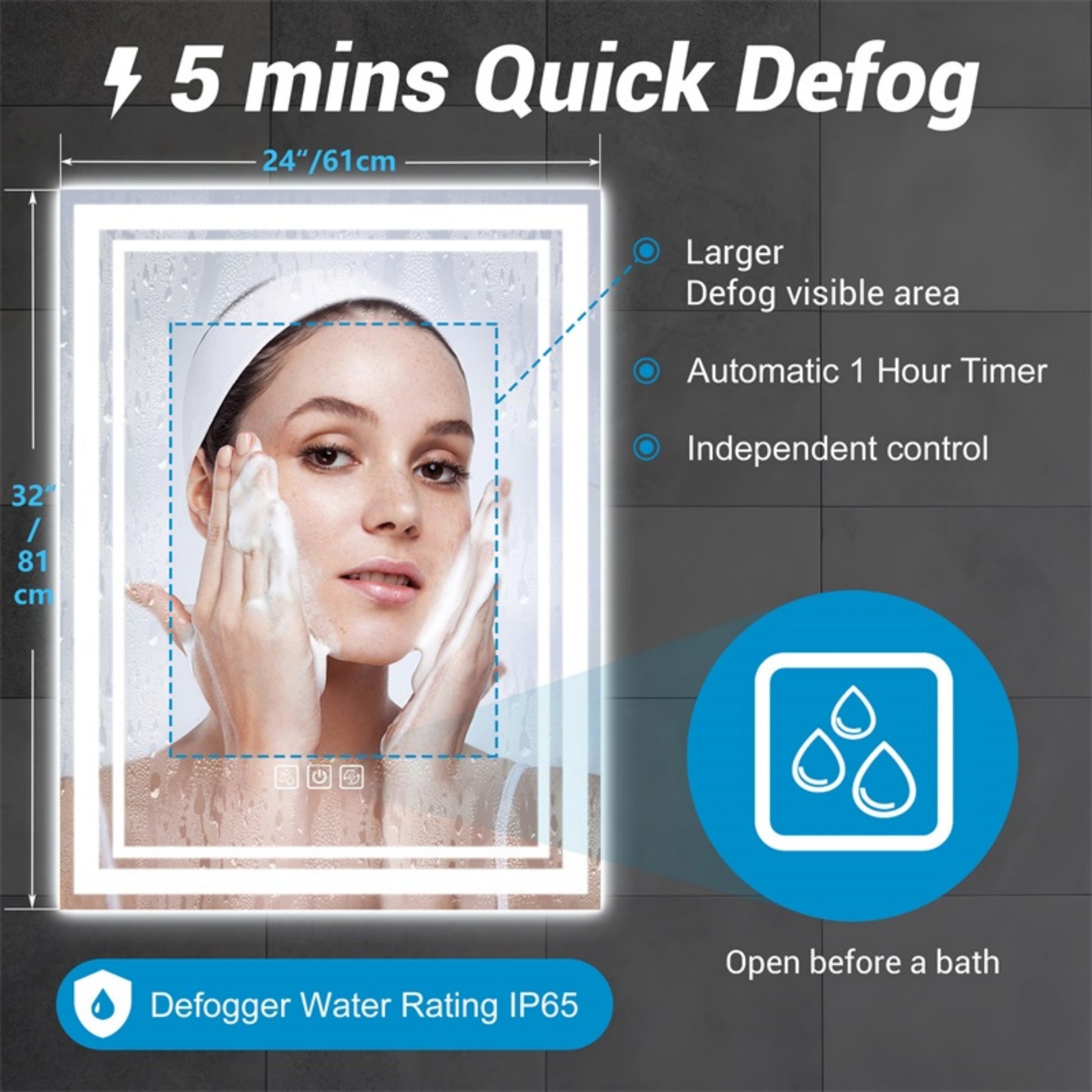 Led Bathroom Mirror 32" X 24" Front And Backlight, 5 Mins Defog, 5Mm Full Hd Reflected Wall Mounted Vanity Mirror, 3 Colors Stepless Dimmable, Cri90 , Memory Function Plug In Hardwire Silver Glass