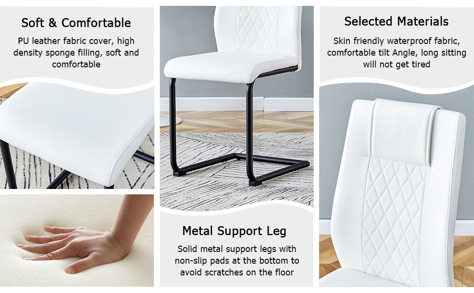 Table And Chair Set.Modern Rectangular Glass Dining Table With 0.39" Tempered Glass Tabletop And Black Metal Legs.Paired With Multiple Chairs Designed With Pu Cushions And Black Metal Legs. White Black Seats 6 Tempered Glass