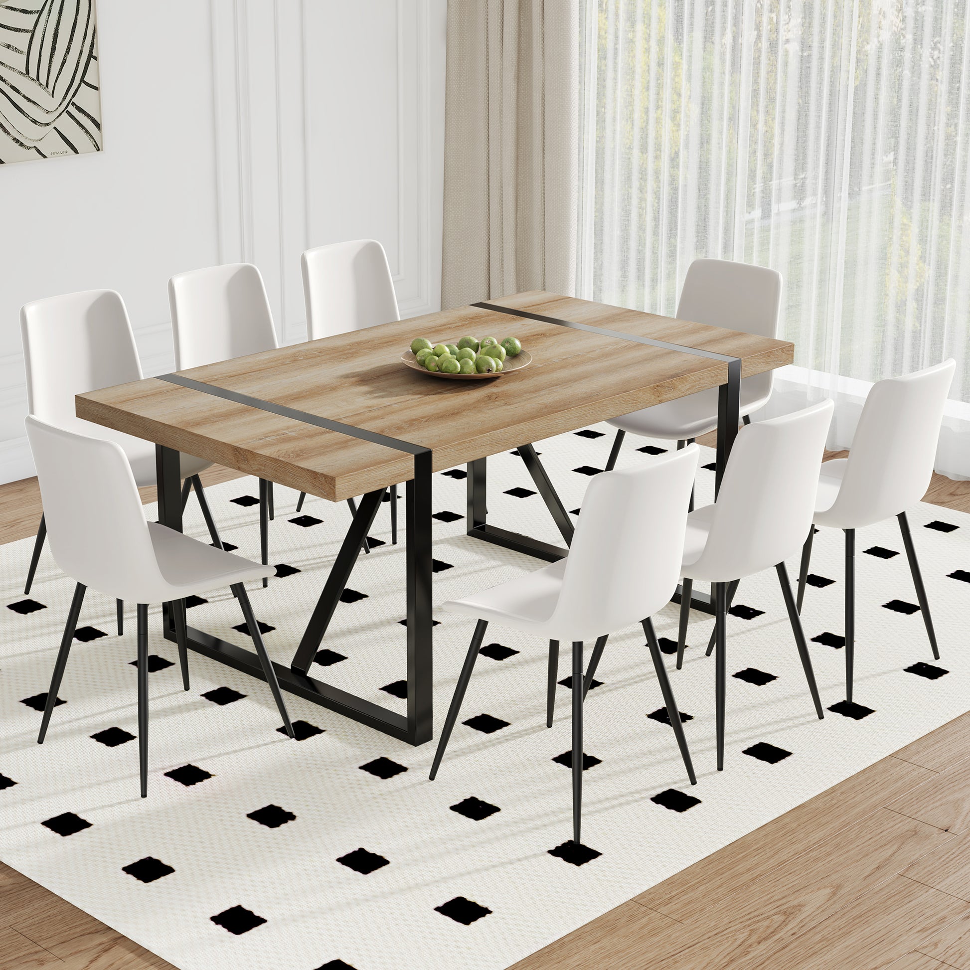 Table And Chair Set, Textured Top In Vintage Wood Color, Black Metal Legs. Dining Chair With White Faux Leather Backrest Cushion With Black Metal Legs. Wood Seats 8 Mdf Metal