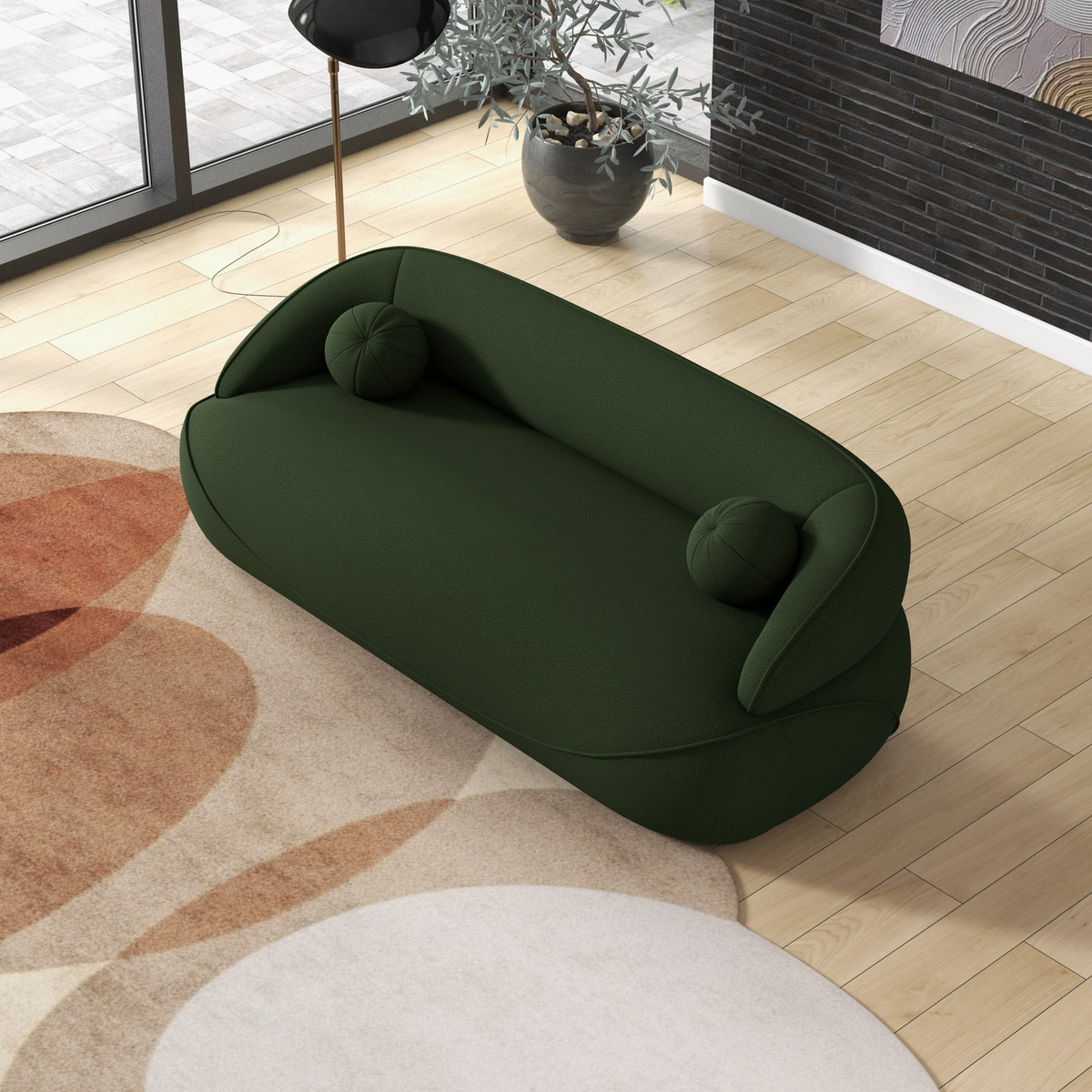Andrew Dark Green Boucle Sofa Dark Green Wood Primary Living Space Medium Firm Mid Century Modern Foam Boucle,Solid Wood 3 Seat