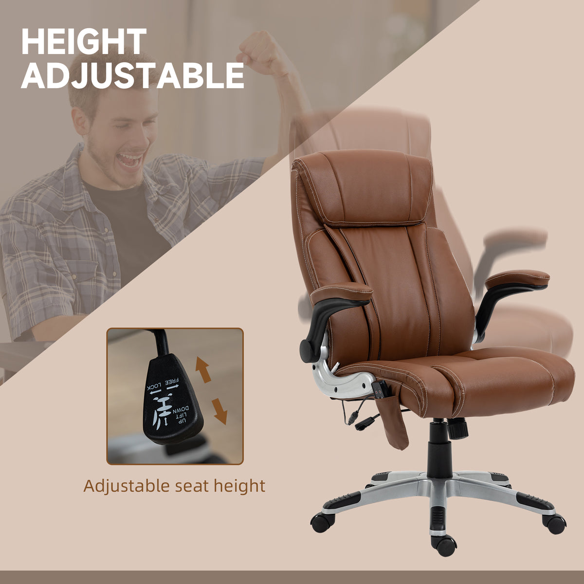 Vinsetto Executive Massage Office Chair With 6 Vibration Points, Heated Faux Leather Computer Desk Chair With Flip Up Armrest, Adjustable Height, Swivel Wheel, Brown Brown Leather