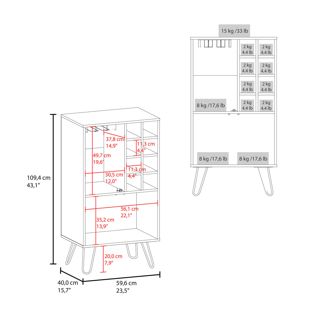 Aster 23" Wide Double Door Bar Cabinet And Glass Door Comparment, Eight Bottle Cubbies And Stemware White Washed Dining Room Modern Shelves Included Particle Board