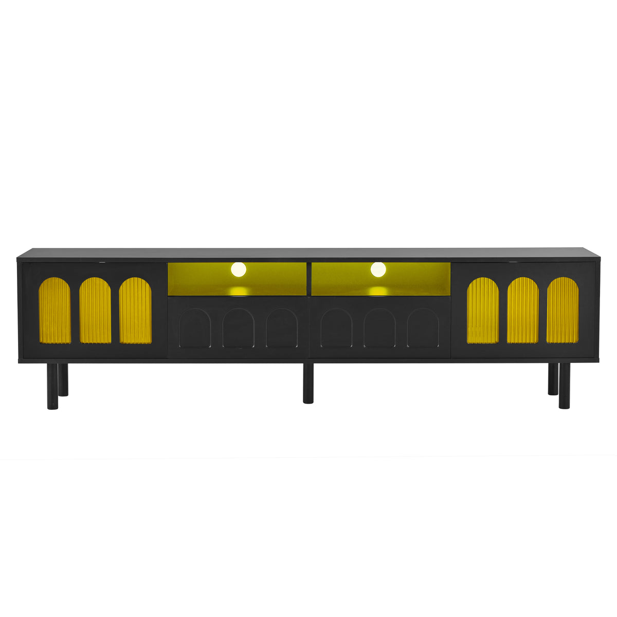 Cream Style Tv Stand With Led Light Strip For Tvs Up To 80'', Graceful Entertainment Center With 5 Solid Wood Legs, Large Storage Media Console With Fluted Tempered Glass Doors, Black Black 80 89 Inches Particle Board