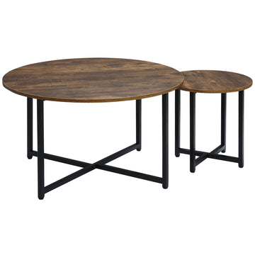 Homcom Round Coffee Table Set Of 2, Industrial Living Room Tables With Metal Frame, Circle Coffee Tables For Living Room, Rustic Brown Rustic Brown Mdf