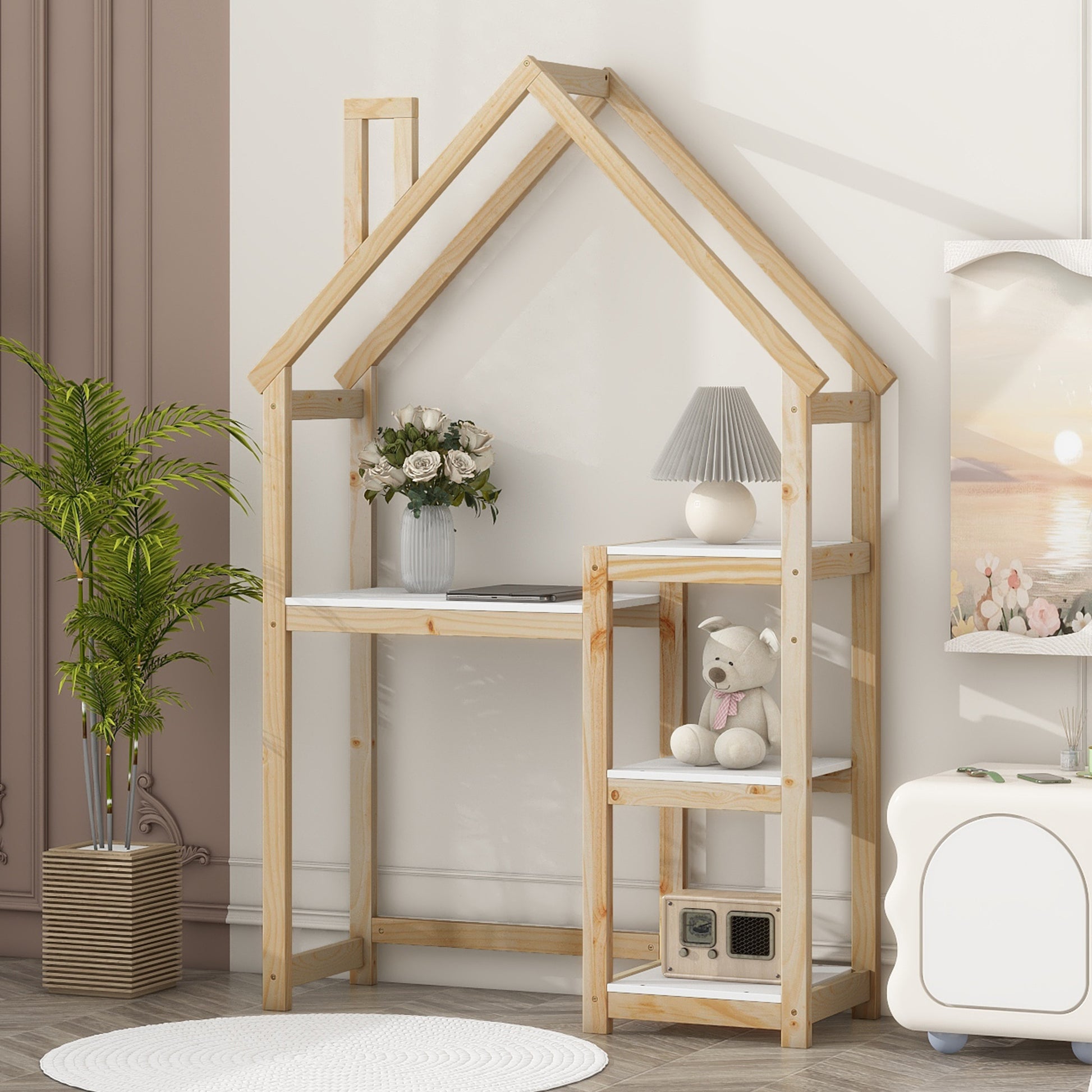 House Shaped Wooden Writing Desk,Kids Study Table,Bookshelf & Toy Storage,Natural Twin Natural American Design Pine