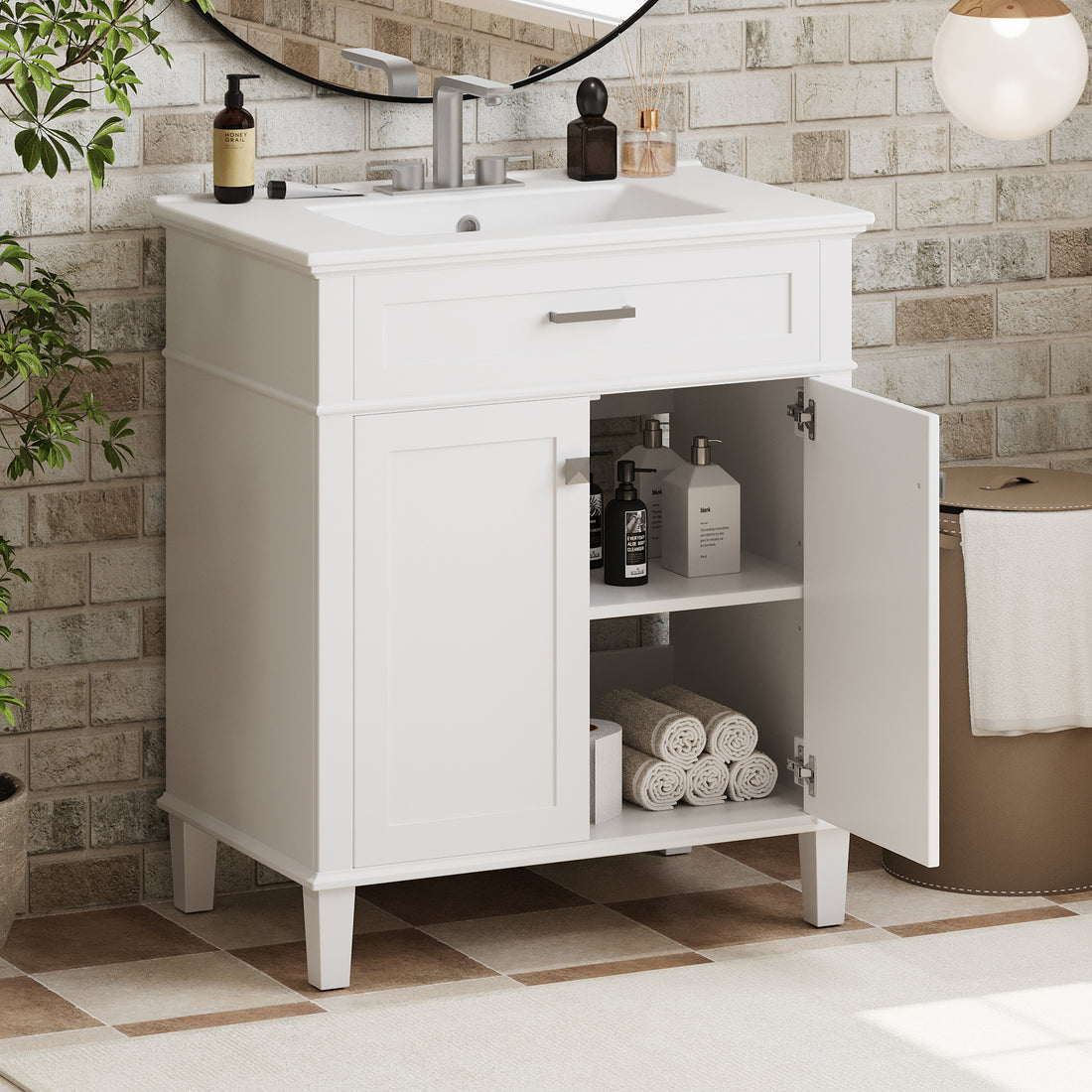 30 Inch Bathroom Vanity With Ceramic Basin, Soft Close Door And Adjustable Shelves White Bathroom Solid Wood Mdf