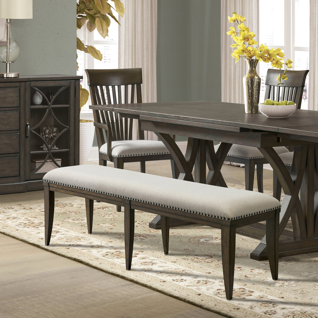 Grant Trim Upholstered Dining Bench Beige Brown Dining Room French Country Rubberwood Polyester Polyester