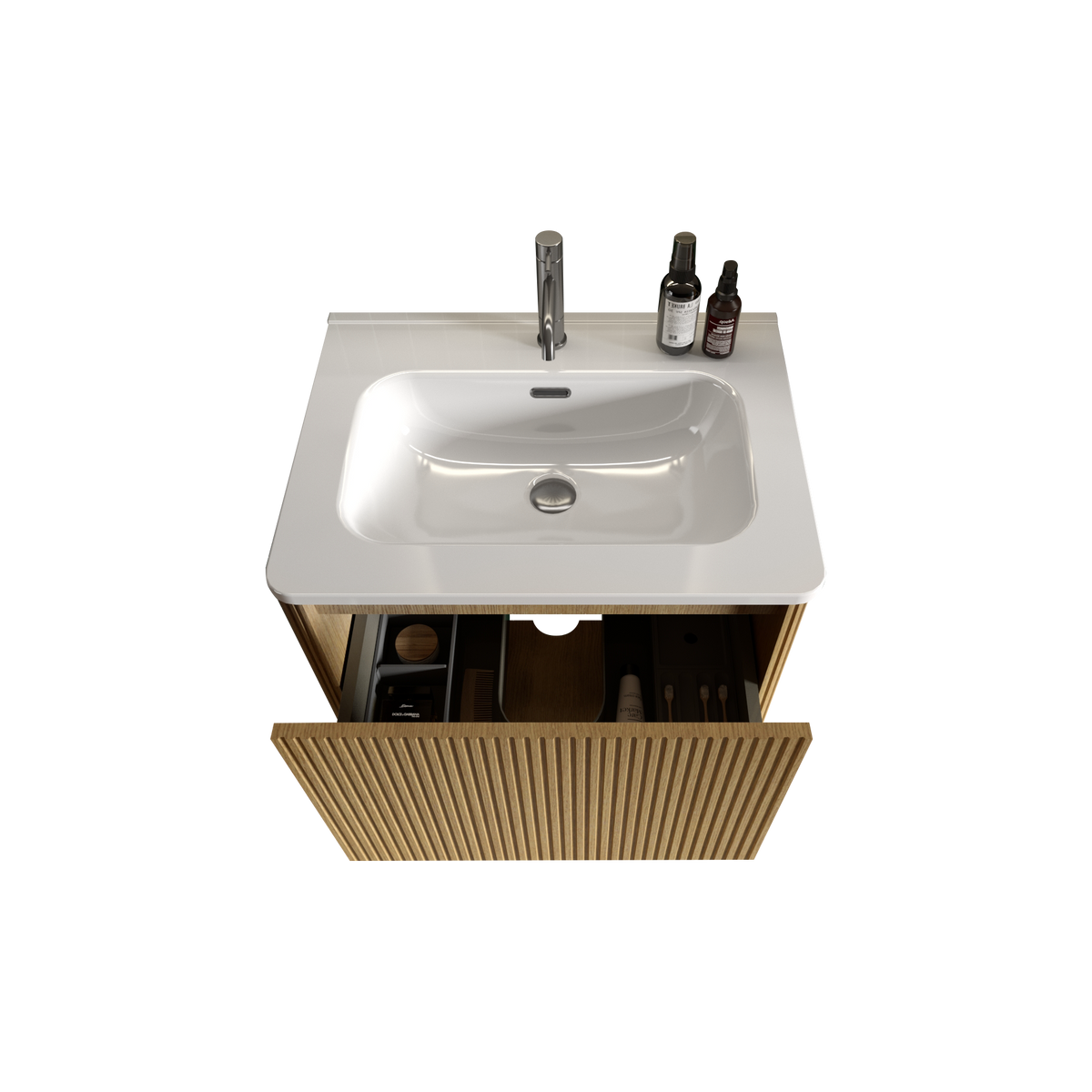 U055 Etna24W 306 Etna 24" Striped Natural Oak Bathroom Vanity With White Ceramic Sink, Wall Mounted Floating Bathroom Vanity For Modern Bathroom, Pre Assembled White Oak Bathroom Modern Melamine