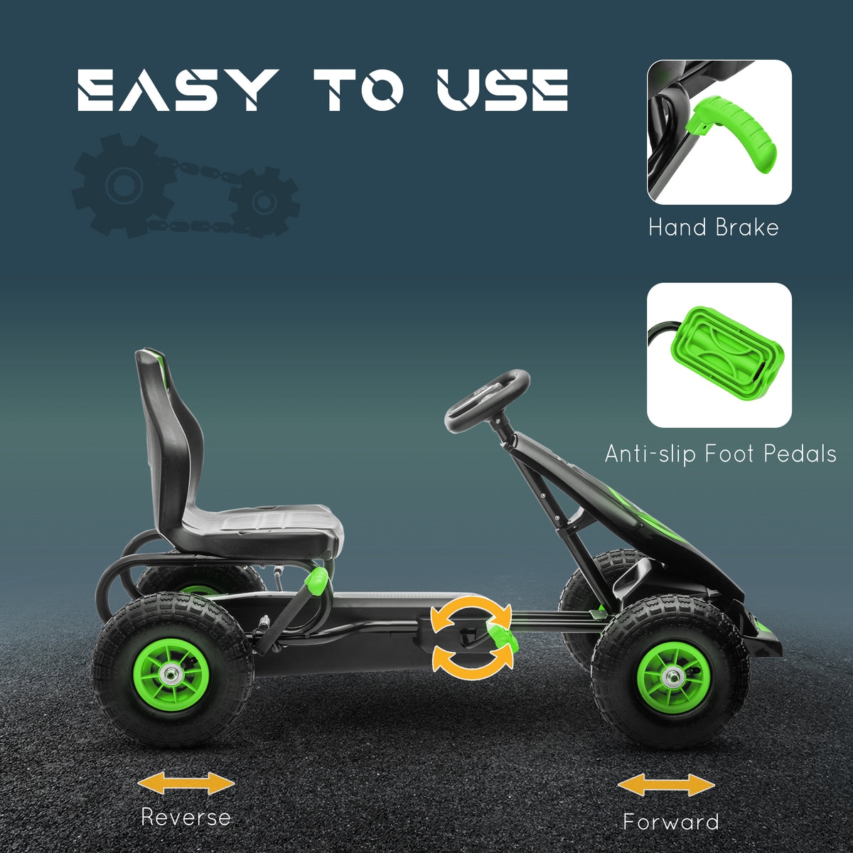 Aosom Kids Pedal Go Kart Ride On Toy With Ergonomic Comfort, Pedal Car With Tough, Wear Resistant Tread, Go Cart Kids Car For Boys & Girls With Suspension System, Safety Hand Brake, Ages 5 12, Green Green Plastic