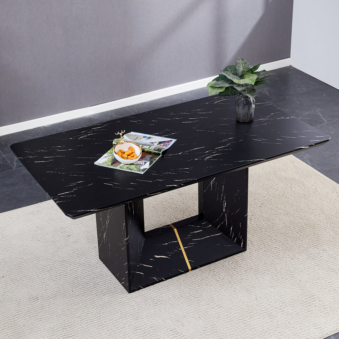 This Modern Dining Table With Mdf Marbled Design Gives You A Luxurious And Elegant Feel, Adding A Touch Of Elegance Whether It Is A Family Dinner Or Entertaining Guests. Black Mdf