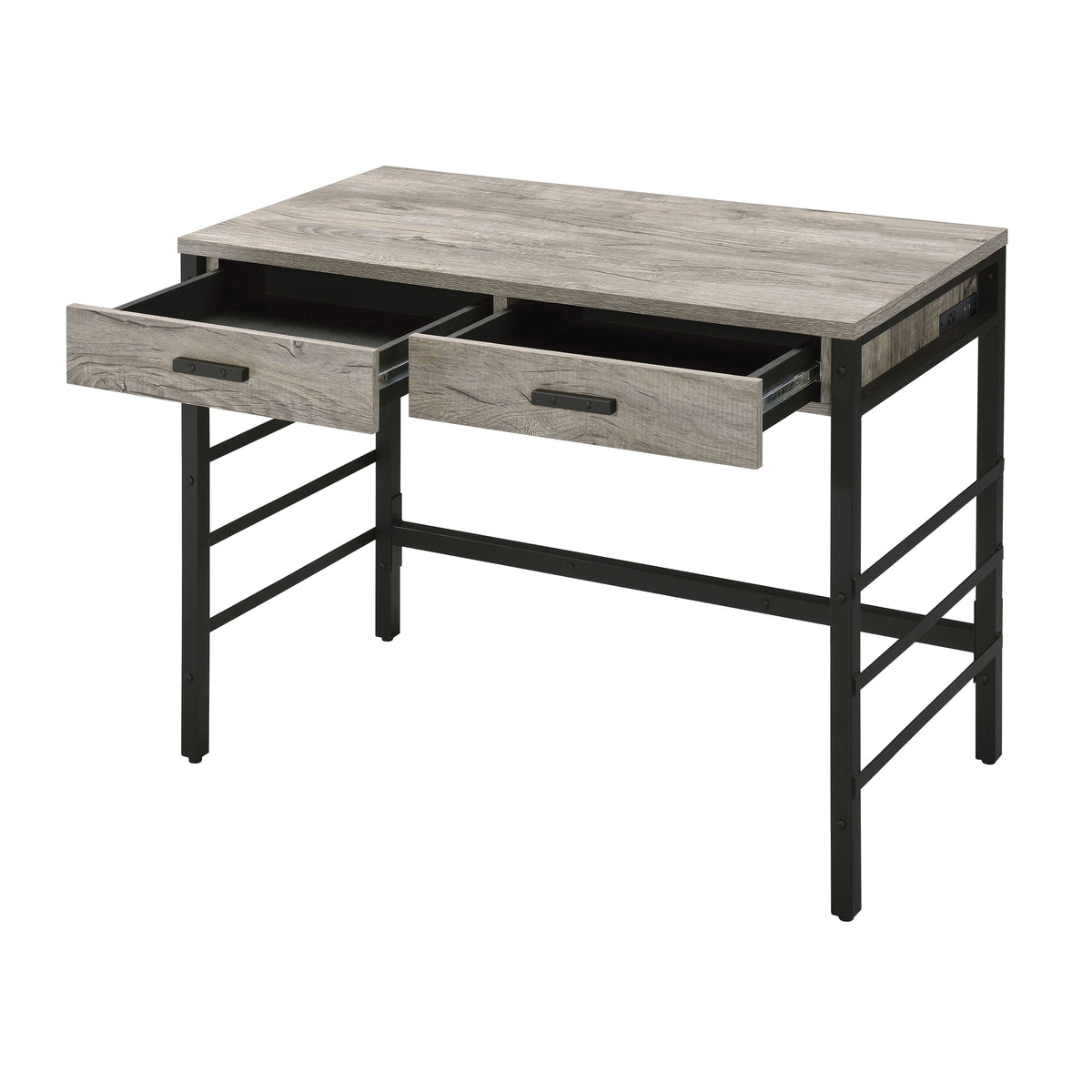 Light Weathered Oak And Black Writing Desk With 2 Drawers Black Brown Office Oak Wood Metal