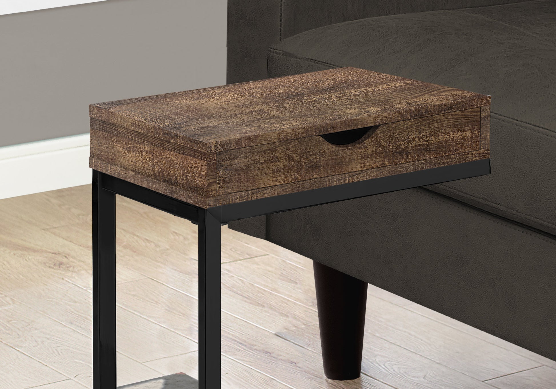Accent Table, C Shaped, End, Side, Snack, Storage Drawer, Living Room, Bedroom, Brown Laminate, Black Metal, Contemporary, Modern Brown Particle Board