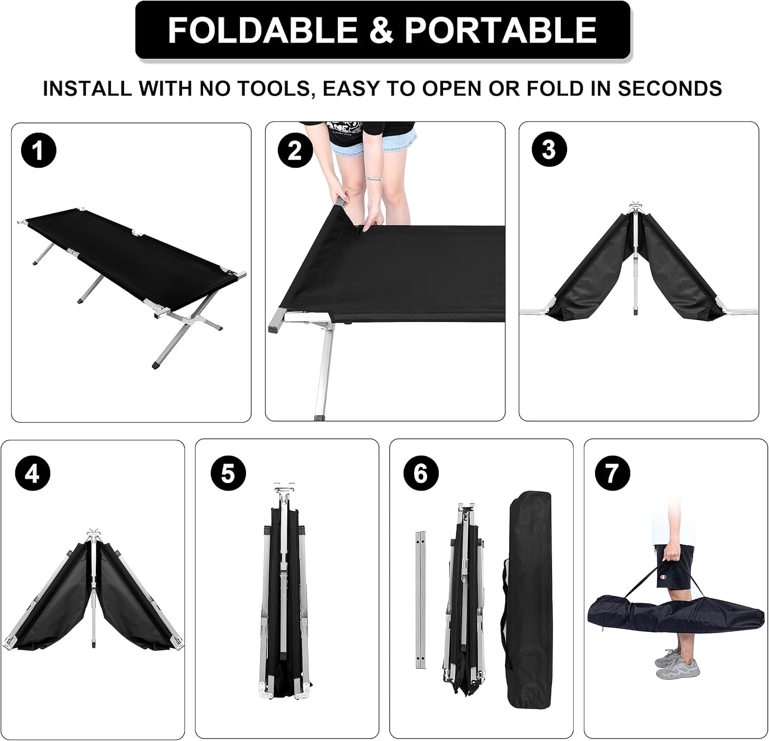 Camping Cot, Sleeping Cots For Adults With Storage Bag, Portable And Lightweight Cot Bed For Outdoor Traveling, Hiking, Office Nap, Easy To Set Up, 1 Pack Black Oxford Fabric